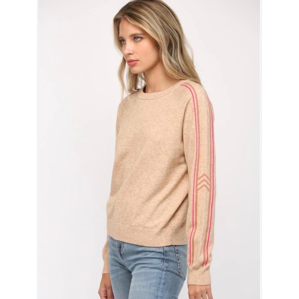 Fate Riley Tan Heather Crewneck Sweater Pink Orange Racing Stripe Small